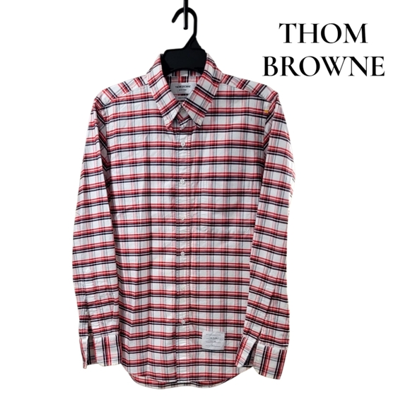 THOM BROWNE, RED WHITE BLACK PLAID SHIRT, SIZE 2 EUC - Picture 1 of 8